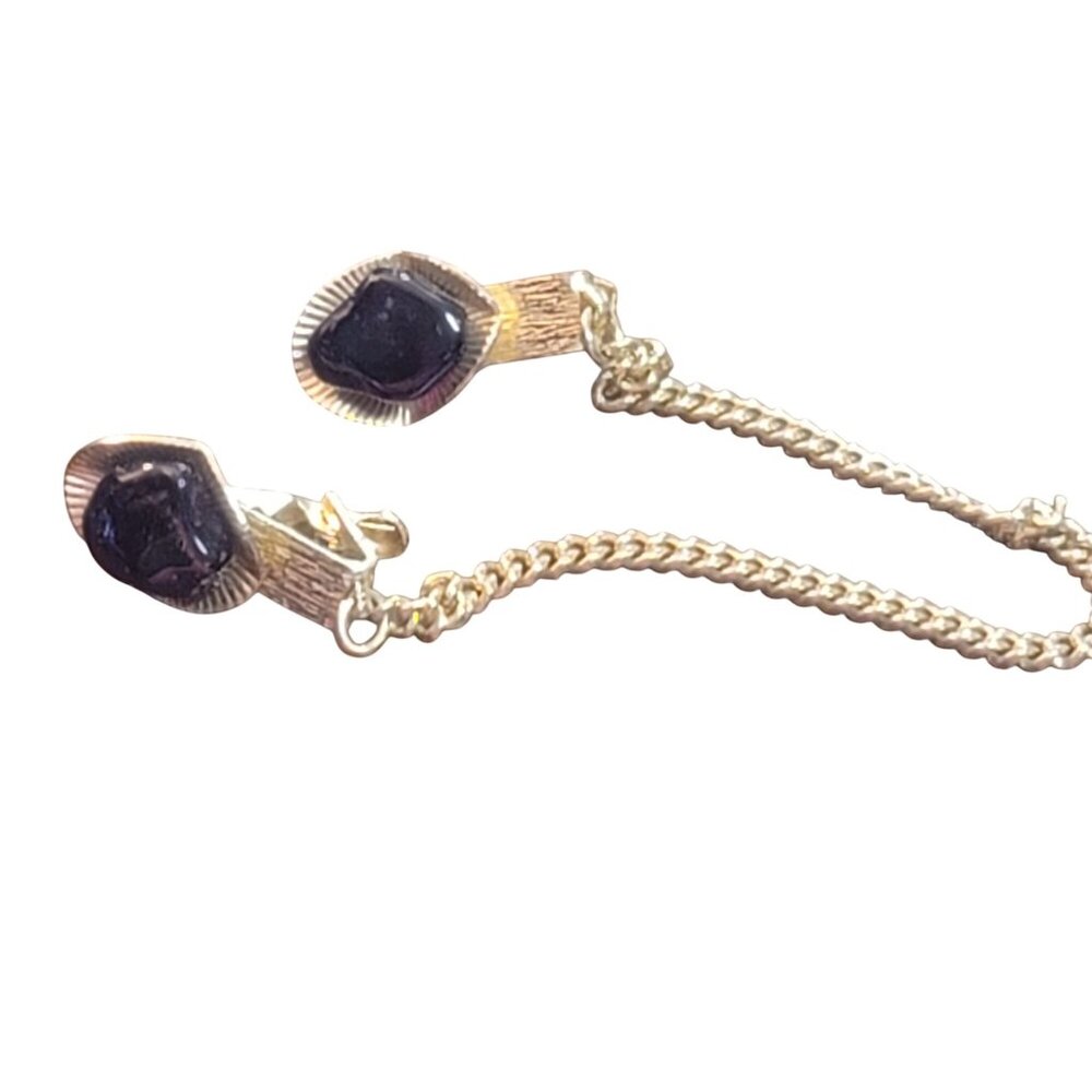 Vintage Gold Tone Sweater Guard Clip Black Stone Chain Retro Mid-Century Jewelry